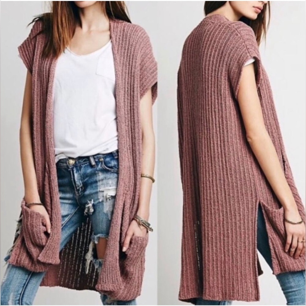 Free People Mauve Sloppy Pocket Open-Front Long Cardigan, Size S
